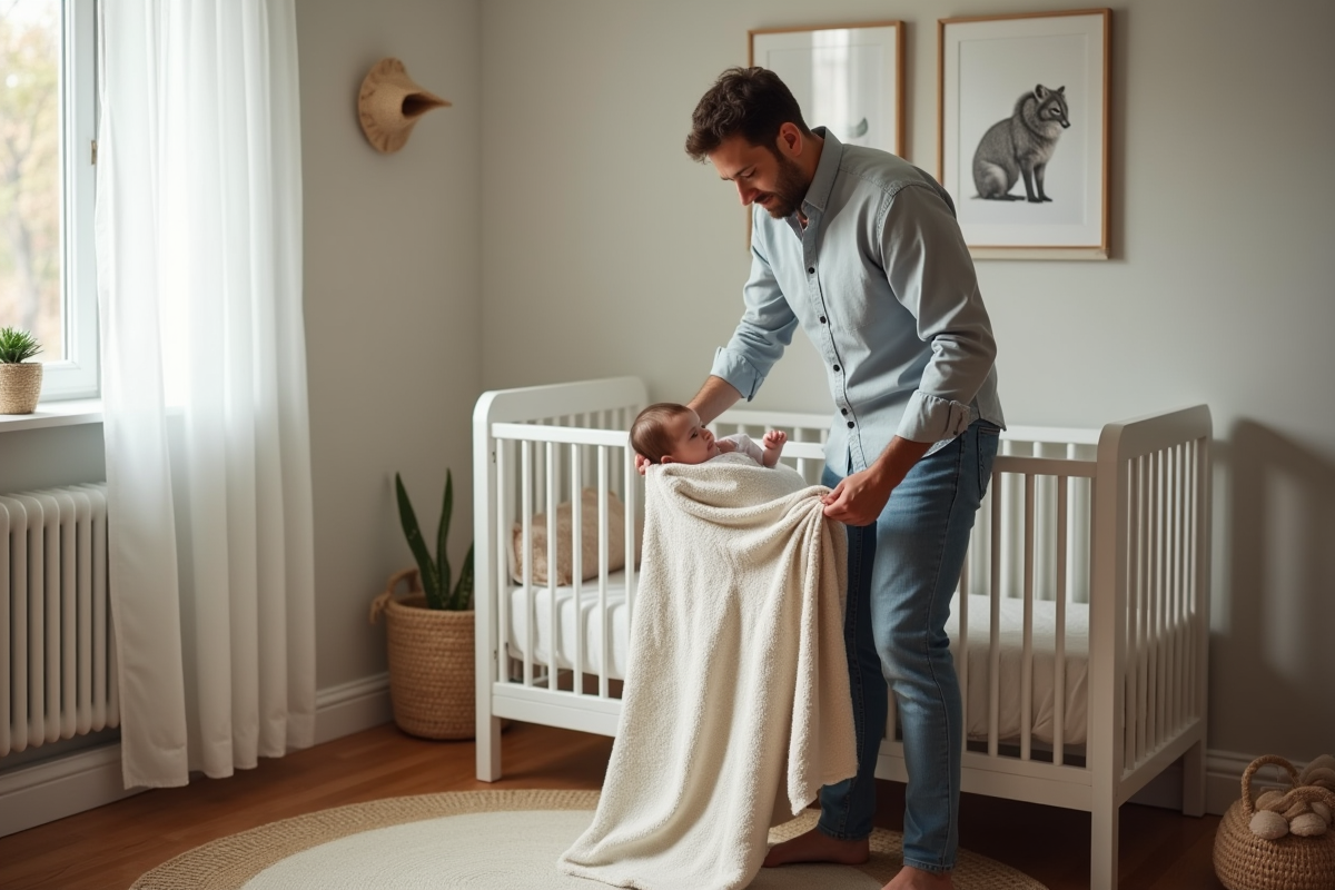 Pere caressant son bebe dans une chambre moderne et chaleureuse