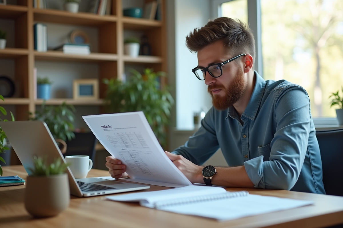 Père vérifiant emploi du temps scolaire au bureau