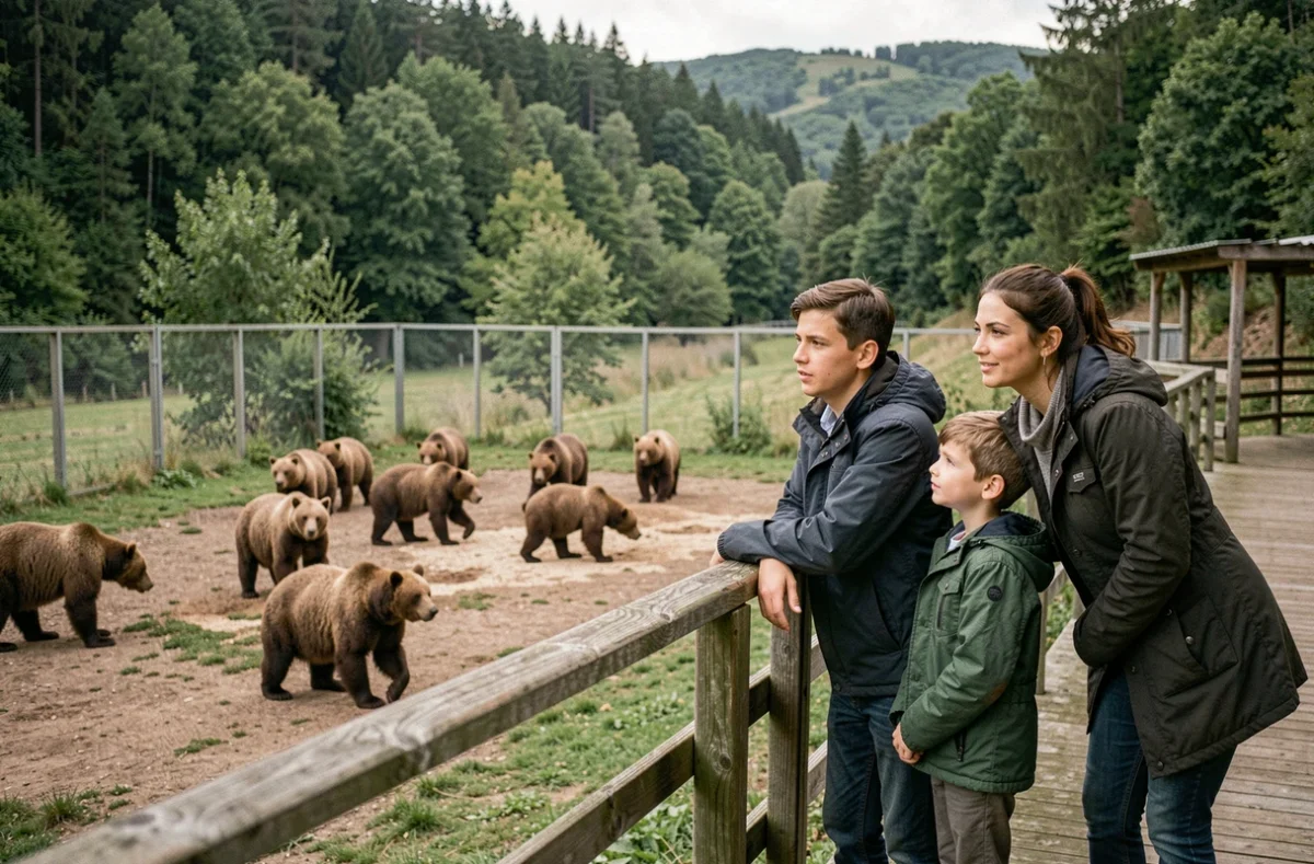 Famille observant des ours bruns dans leur habitat au Parc Animalier d'Auvergne à Ardes dans le Puy-de-Dôme