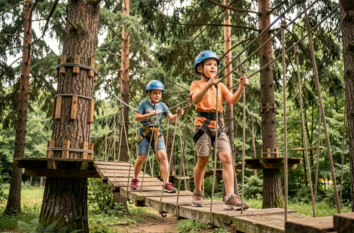Enfants traversant un pont suspendu dans les arbres au Parc Fenestre dans le Puy-de-Dôme