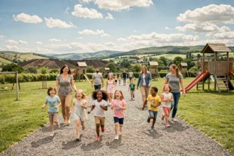 Famille avec enfants profitant d'un parc de loisirs en plein air dans le Puy-de-Dôme avec un paysage volcanique verdoyant