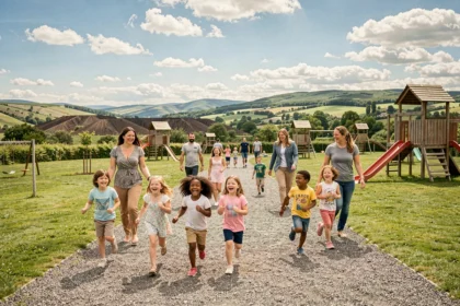 Famille avec enfants profitant d'un parc de loisirs en plein air dans le Puy-de-Dôme avec un paysage volcanique verdoyant