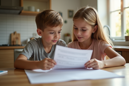 Parent et enfant discutant d'un bulletin scolaire à la maison