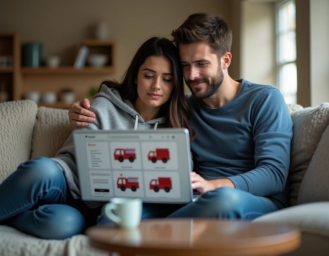 Parents assis sur un canapé consultant un site de vente en ligne pour choisir un camion de pompier jouet
