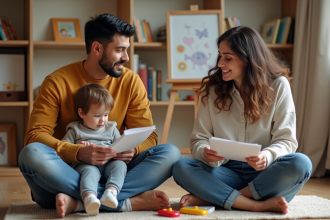 Jeune couple de parents écoutant lors d'un atelier parental
