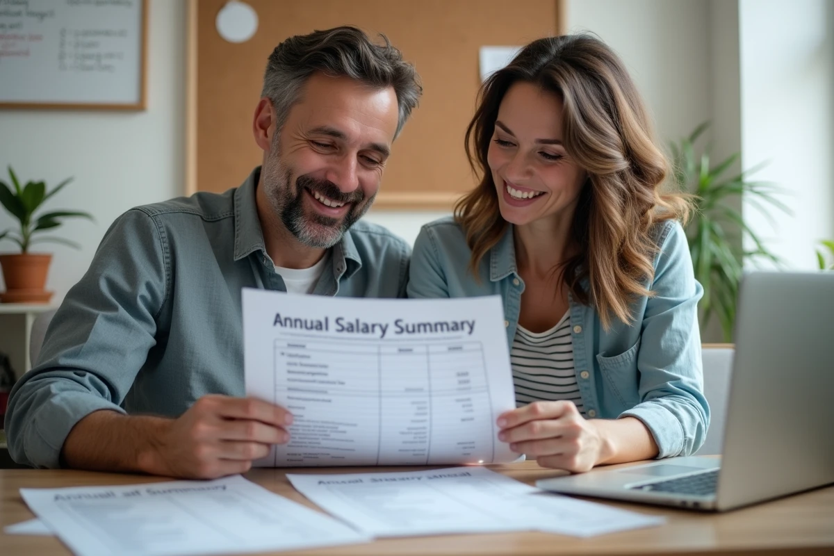 Couple de parents révisant ensemble le récapitulatif annuel du salaire de leur nounou dans un bureau à domicile