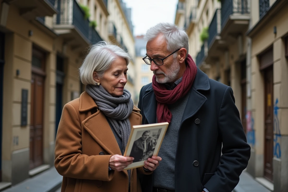 Couple partageant une photo ancienne dans la rue parisienne