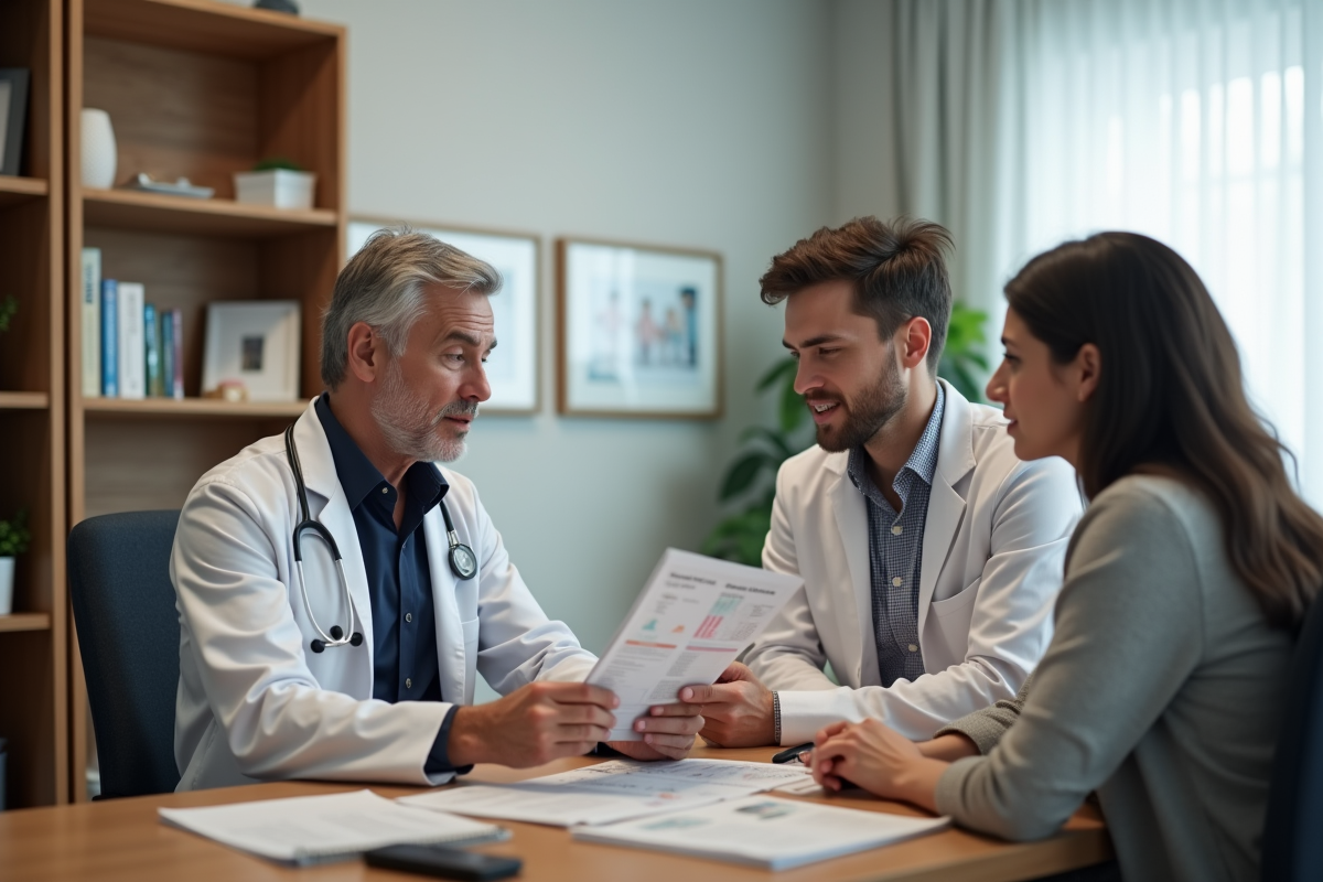 Pediatre explique risques de lait en poudre à un couple en consultation