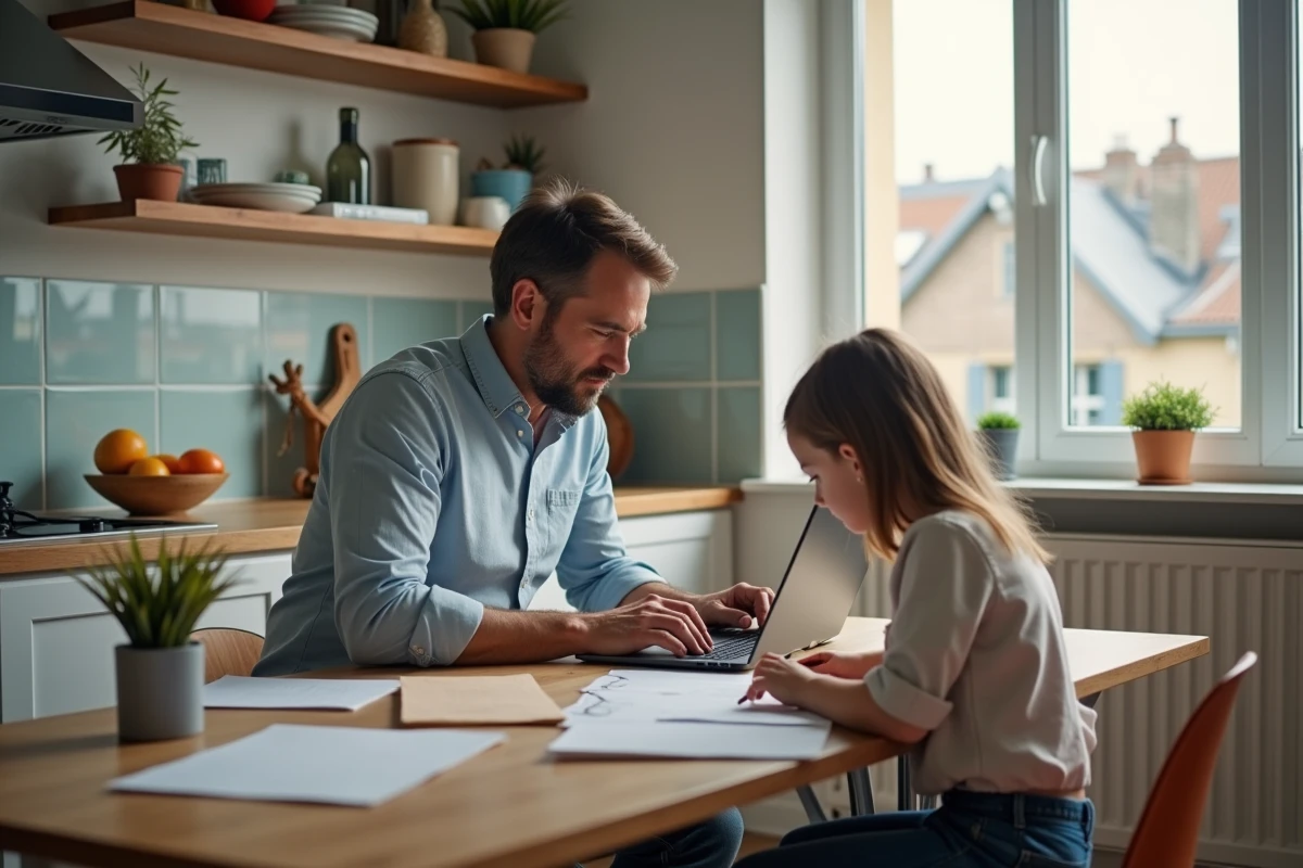 Père télétravaillant depuis chez lui à Meudon avec sa fille, conciliation travail et parentalité au quotidien