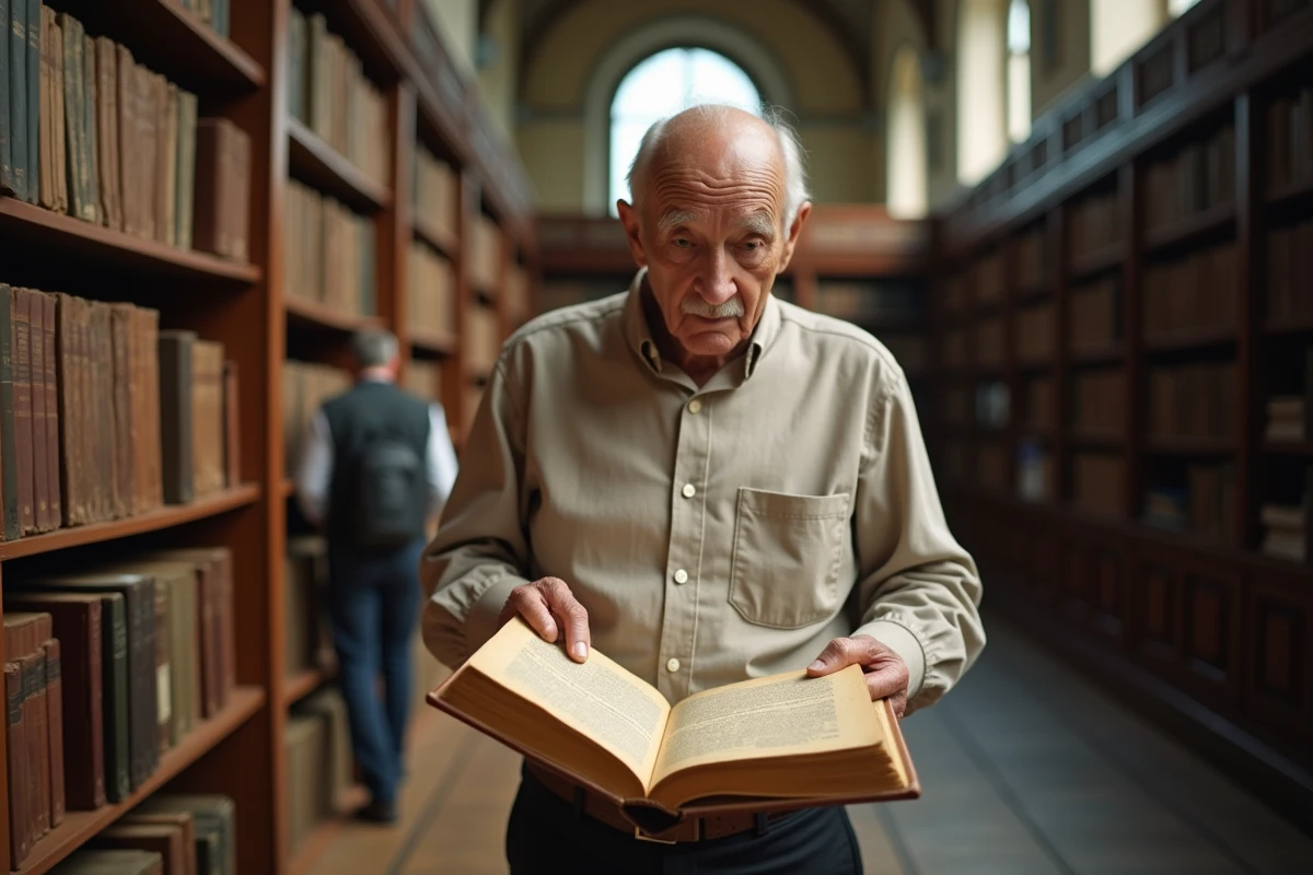 Homme âgé consultant un registre paroissial ancien dans une salle de lecture d'archives régionales, à la recherche de ses ancêtres sans être généalogiste professionnel