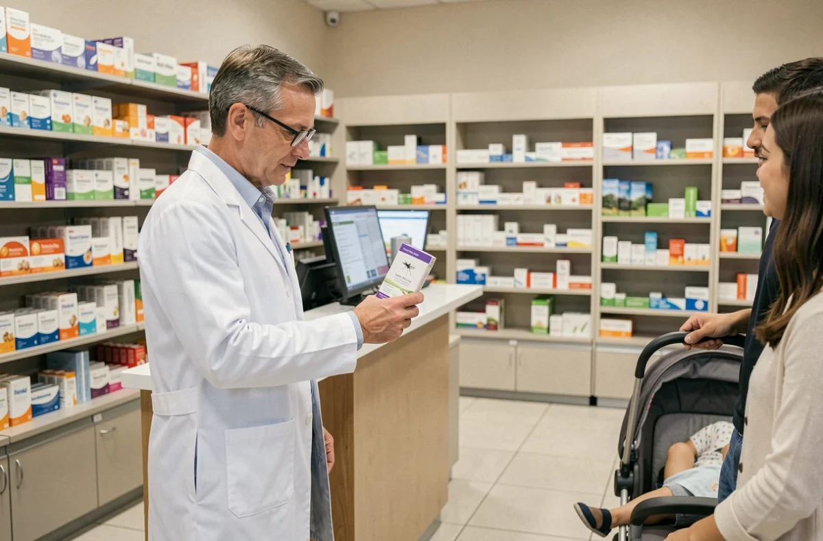 Pharmacien conseillant un couple sur le répulsif moustique adapté aux bébés en pharmacie
