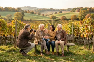 Séance photo de famille en pleine nature en Nouvelle-Aquitaine avec un photographe professionnel au travail