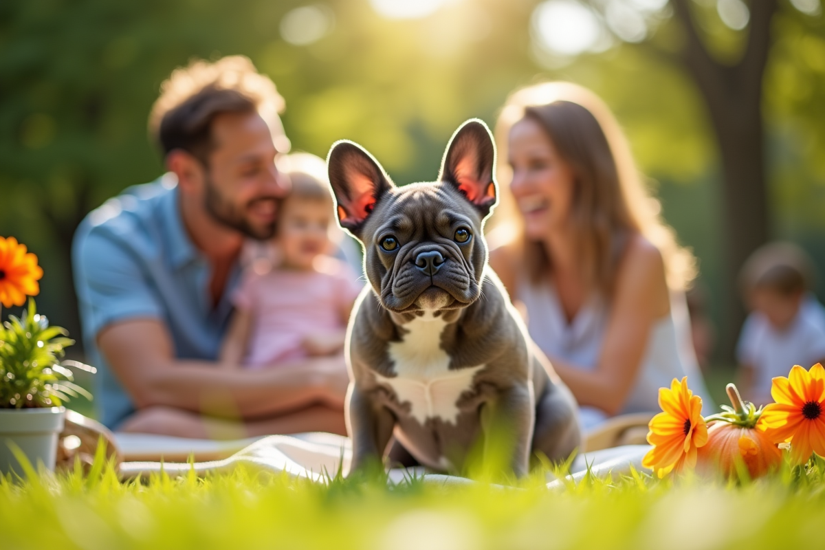 Famille en pique-nique avec chiot bulldog dans le parc