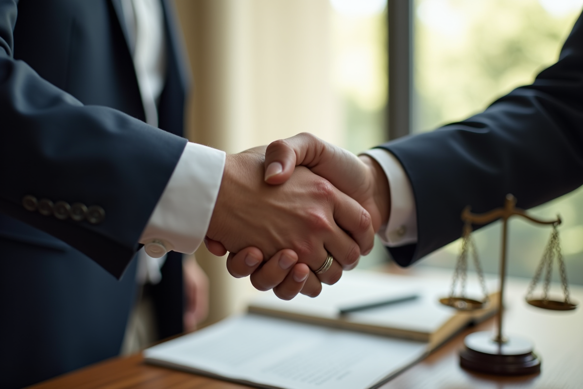 Poignée de mains avec alliances et livre de droit en arrière-plan
