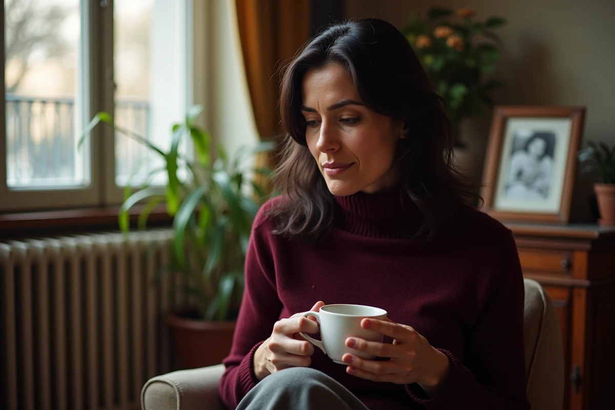 Femme française dans un appartement parisien tenant une tasse de café, portrait intimiste évoquant origines et vie personnelle