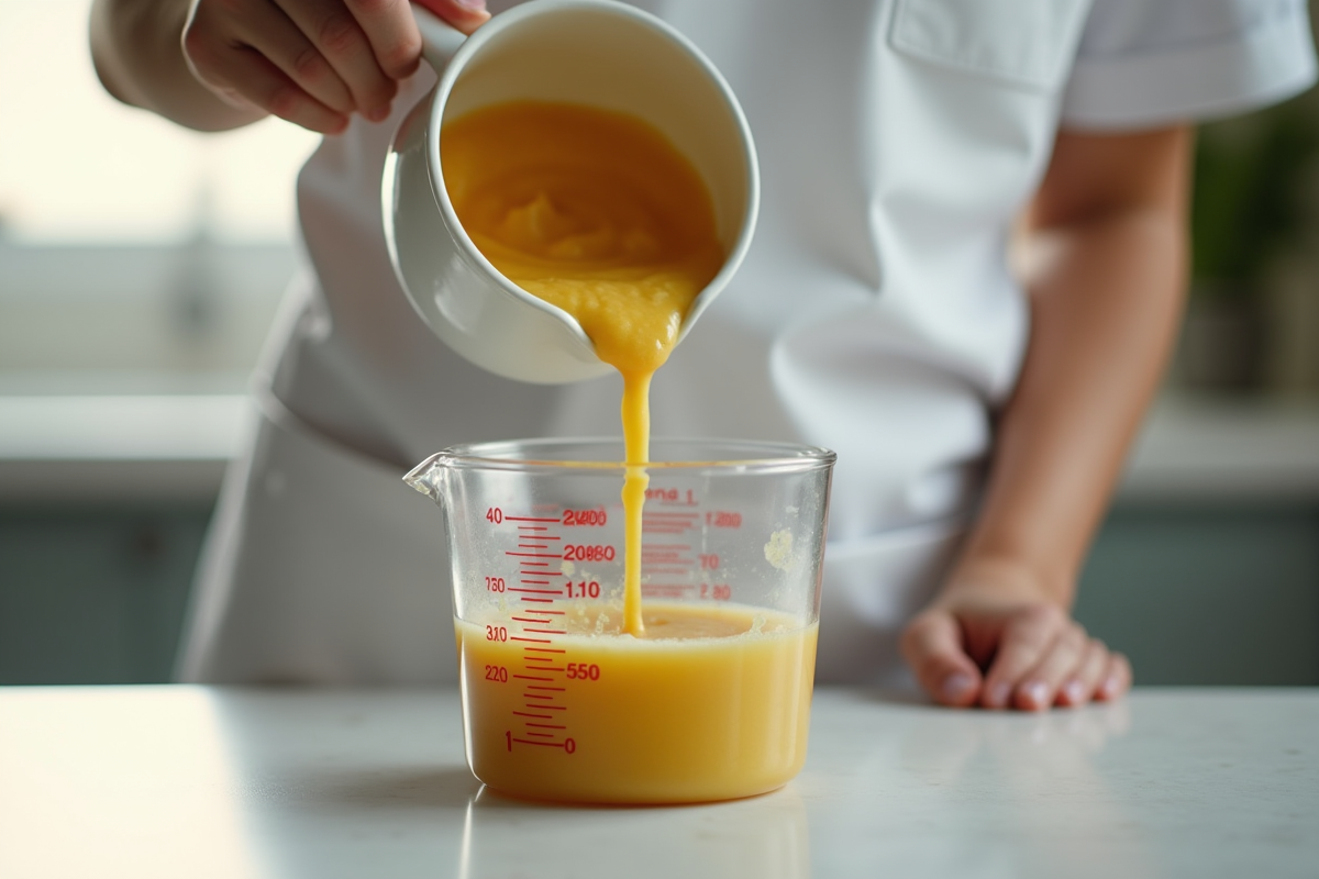 Aide versant des légumes en purée dans un verre mesureur