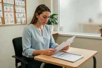 Professionnelle de crèche révisant des documents salariaux à son bureau pour préparer une négociation salariale