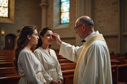 Prêtre catholique bénissant une jeune femme dans une église ancienne