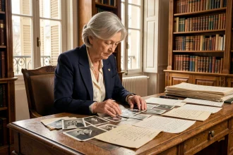 Femme âgée consultant des archives familiales et photos anciennes sur un bureau en chêne dans un appartement parisien, évoquant la recherche généalogique