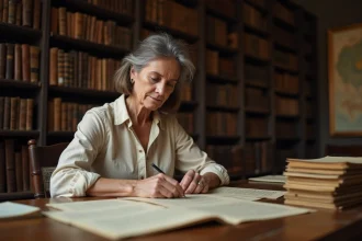 Femme consultant des archives généalogiques pour retracer l'origine noble d'un nom de famille ancien