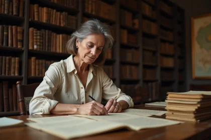 Femme consultant des archives généalogiques pour retracer l'origine noble d'un nom de famille ancien