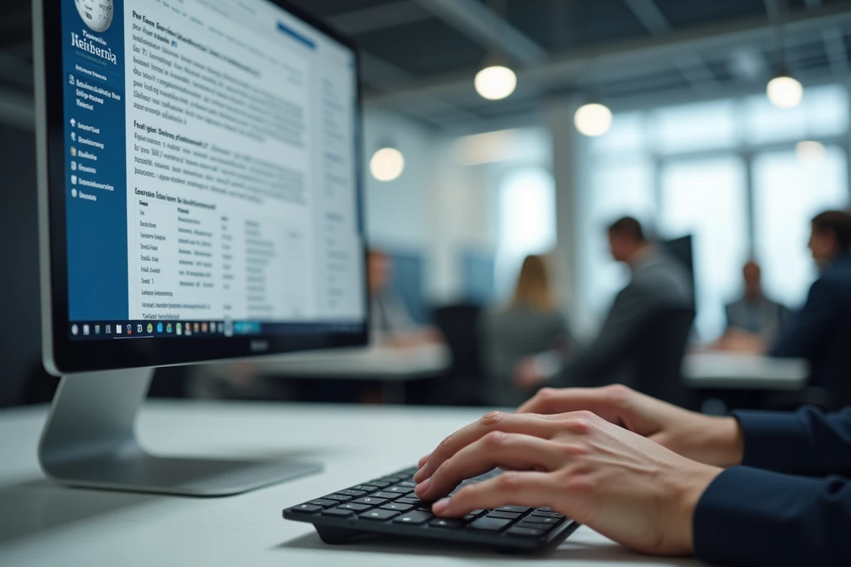 Mains tapant sur un clavier devant un écran affichant une page Wikipédia en français dans une salle de rédaction moderne
