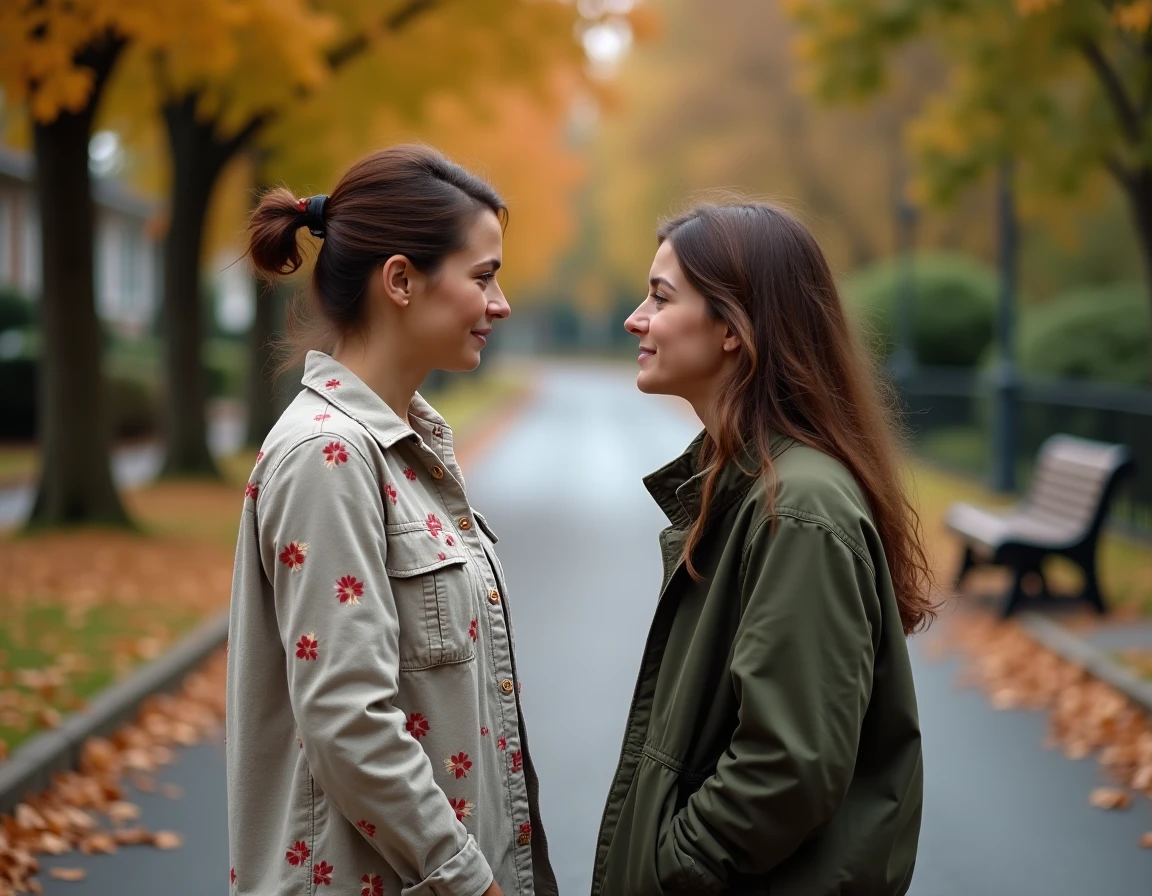 Mère et fille adulte face à face dans une rue en automne, échangeant un sourire hésitant symbolisant une tentative de réconciliation après des années de tensions