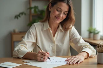 Femme rédigeant un message de baptême sur une carte manuscrite à son bureau en bois