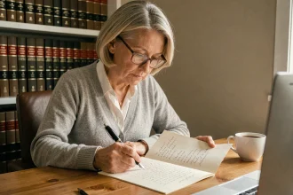 Femme âgée rédigeant un testament olographe à la main à son bureau avec un stylo plume, entourée de livres juridiques