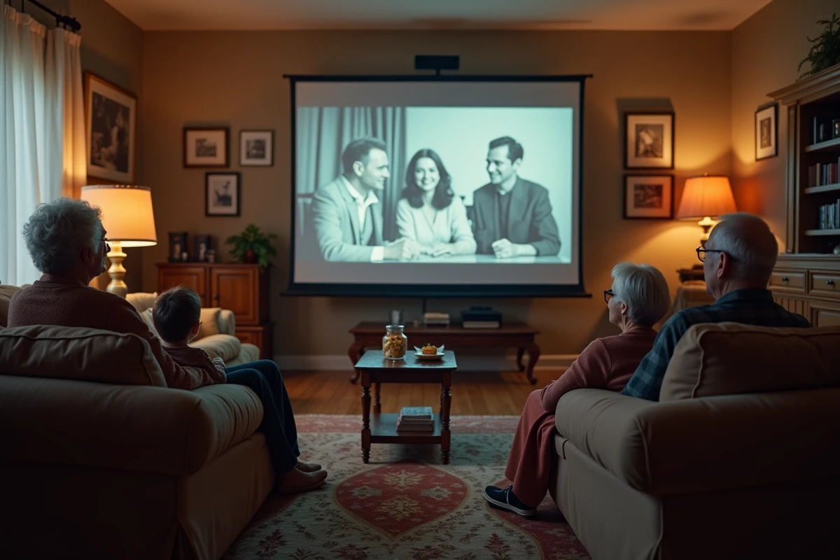 Trois generations regardant un film noir et blanc
