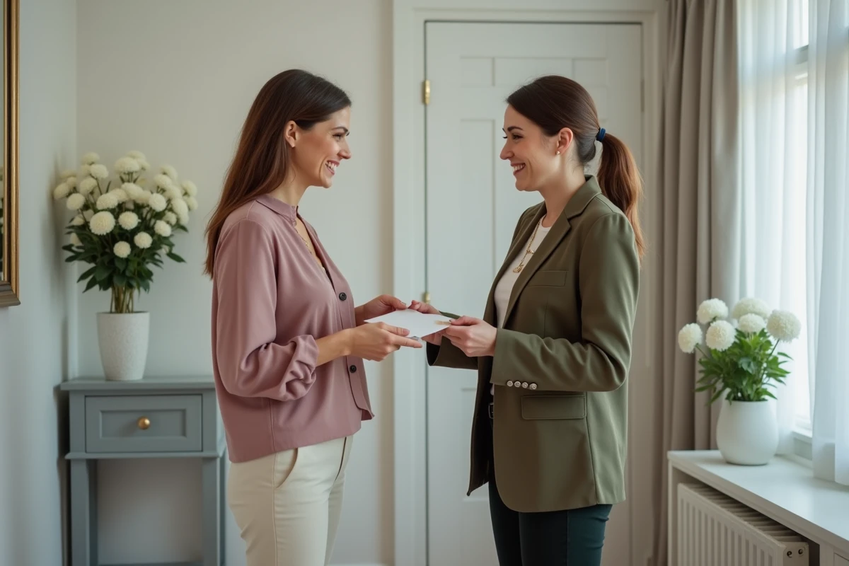 Deux femmes échangeant une enveloppe contenant une carte de baptême dans un couloir d'appartement