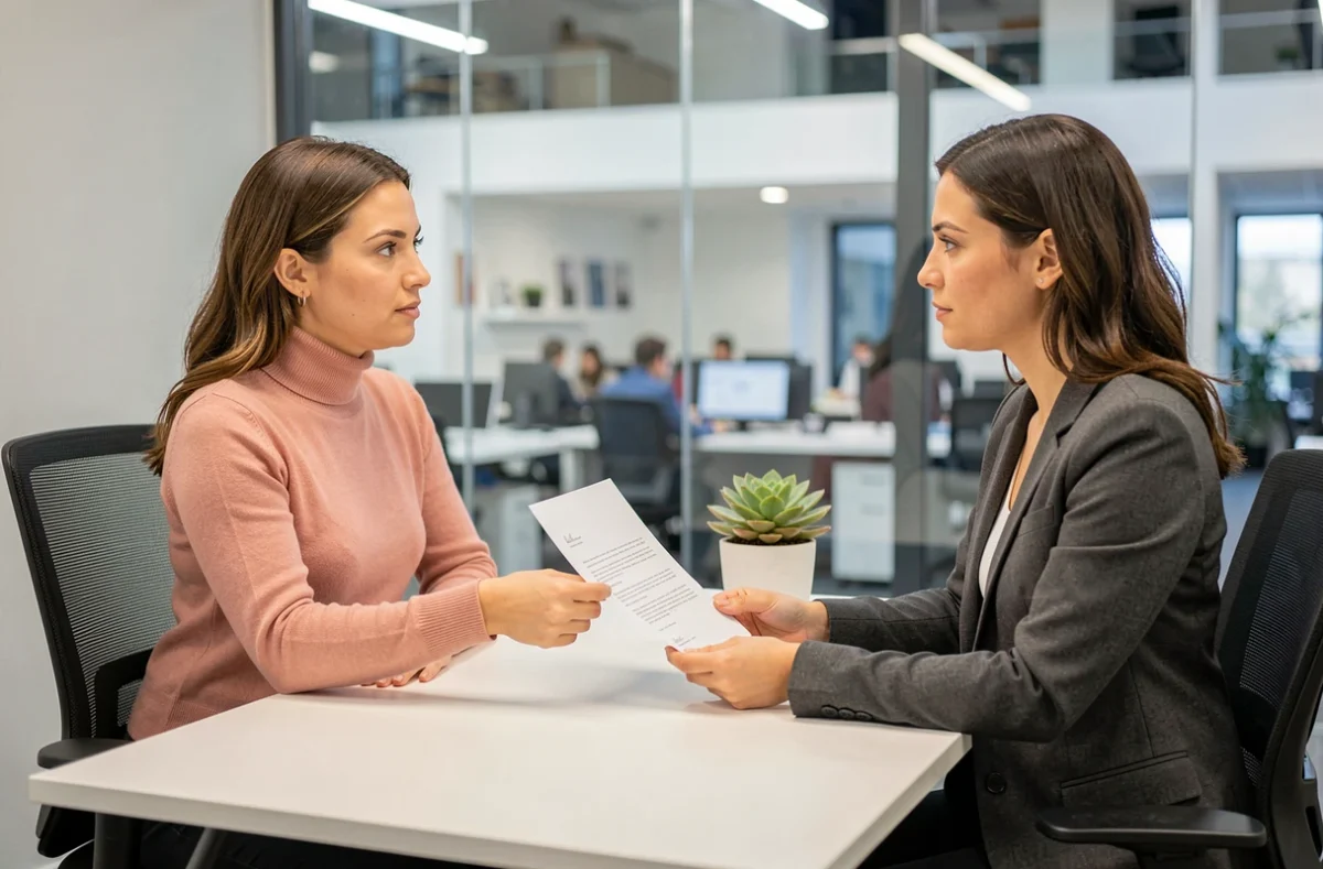 Employée remettant une lettre de demande de reprise à 80% à sa responsable des ressources humaines en salle de réunion