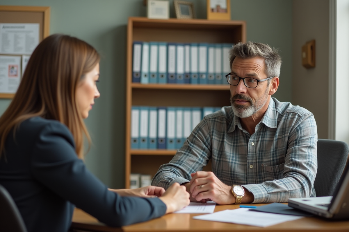 Homme et travailleuse sociale lors d’un entretien