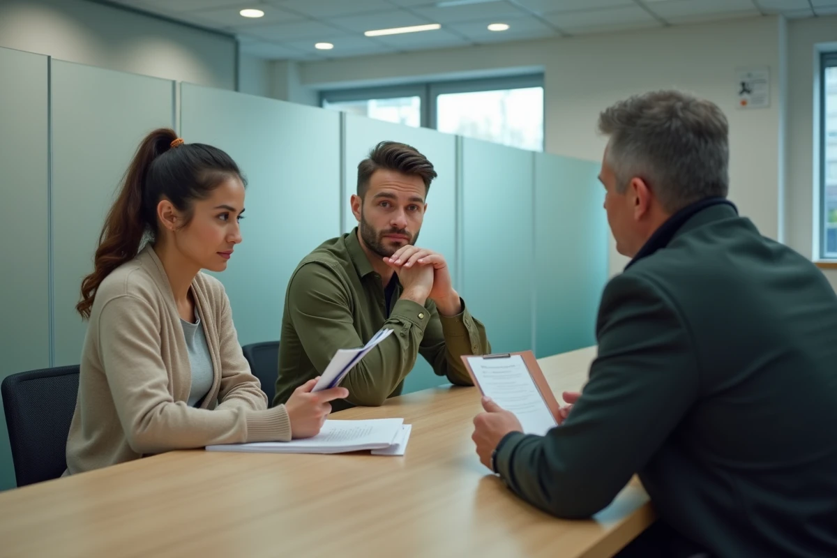 Couple en rendez-vous avec un conseiller administratif pour effectuer un signalement éthique auprès de la CAF