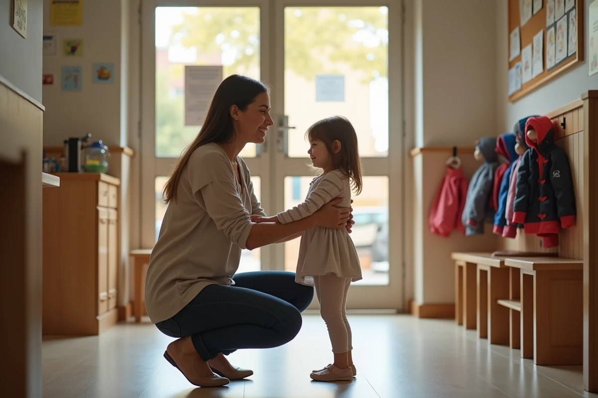 Maman accueillant sa fille à la crèche