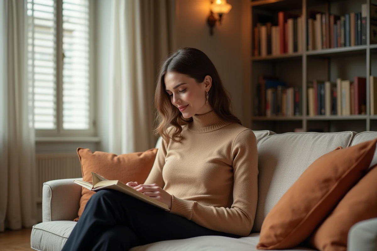 Femme pensive et souriante dans un appartement parisien raffiné, illustrant une confidence sur sa vie amoureuse et son conjoint