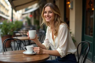 Femme élégante souriante à une terrasse de café parisien, illustrant un article sur la relation amoureuse de Samantha de Bendern