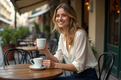 Femme élégante souriante à une terrasse de café parisien, illustrant un article sur la relation amoureuse de Samantha de Bendern