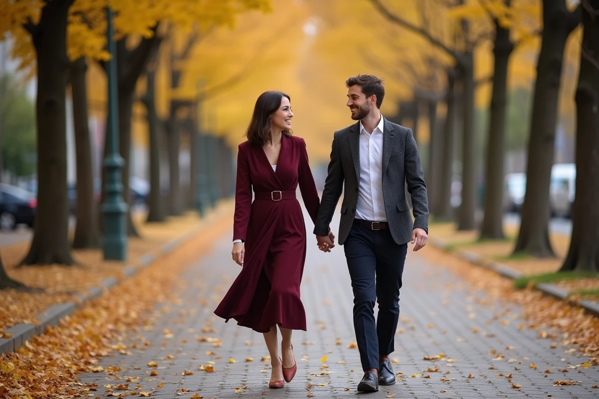 Couple élégant se promenant main dans la main sur un boulevard parisien en automne, évoquant une relation amoureuse complice