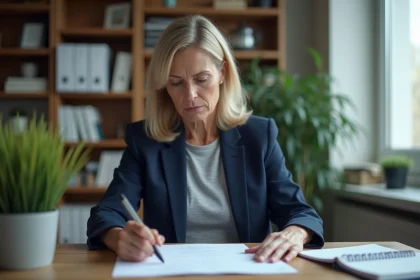 Femme adulte examinant des documents administratifs à son bureau pour effectuer un signalement responsable à la CAF