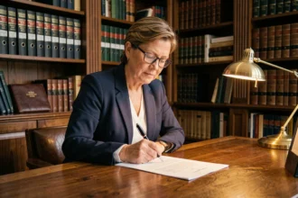 Femme signant une procuration notariale pour succession dans un bureau de notaire avec des documents légaux