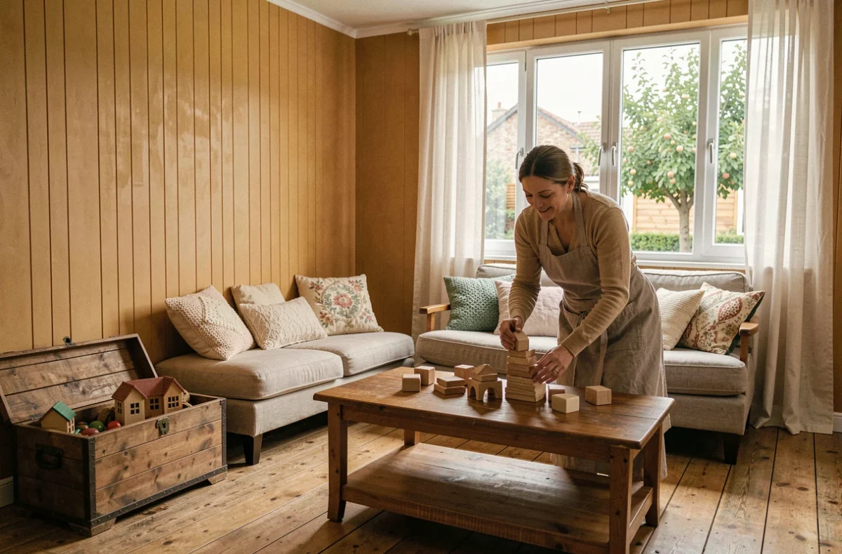 Intérieur chaleureux de la micro-crèche Soufard Mini Crèche à Andilly avec décor maison et espace jeux en bois