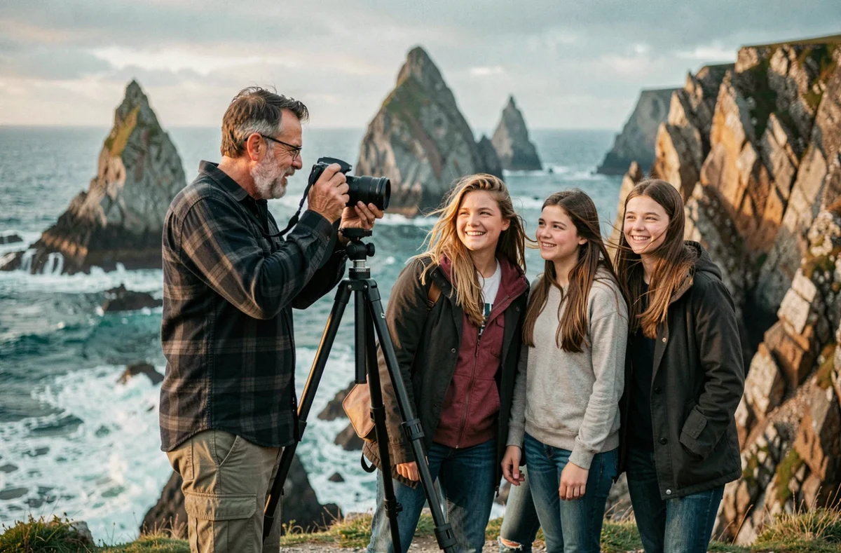 Stéphane Amelinck photographiant une famille sur les falaises basques près de Biarritz