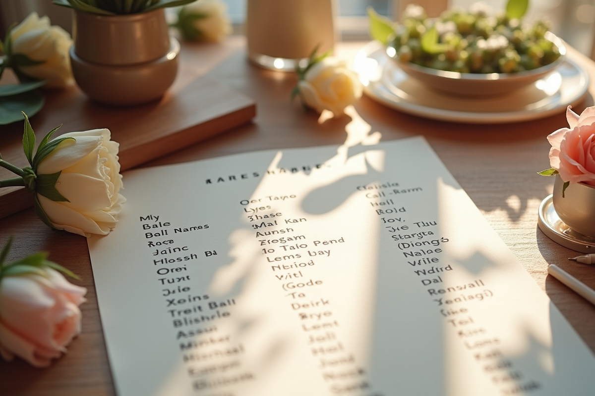 Table élégante avec liste de noms rares en M et fleurs délicates