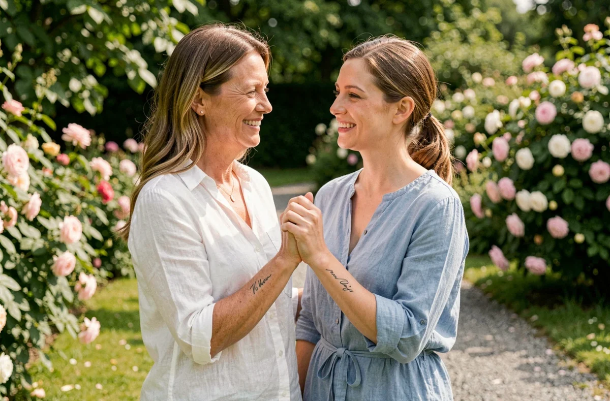 Mère et fille montrant leurs tatouages initiales assortis sur le poignet dans un jardin verdoyant, moment familial émouvant