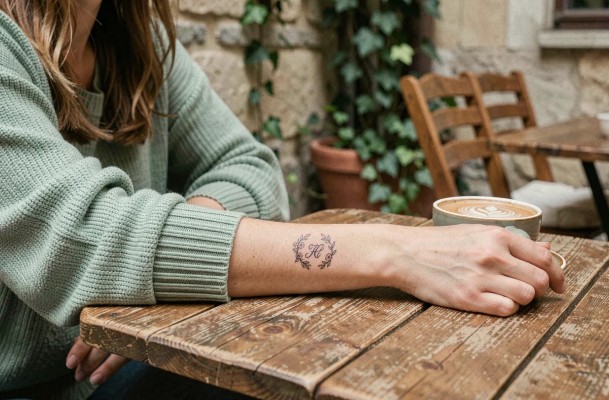 Femme au poignet tatoué avec une initiale encadrée de motifs floraux, assise en terrasse de café parisien