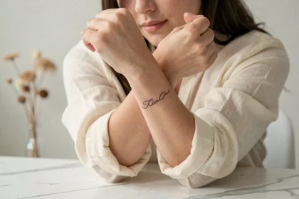 Femme tenant son poignet avec un tatouage initiale en fine ligne style script, ambiance minimaliste épurée