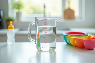 Verre mesureur avec 450 ml d'eau sur plan de cuisine
