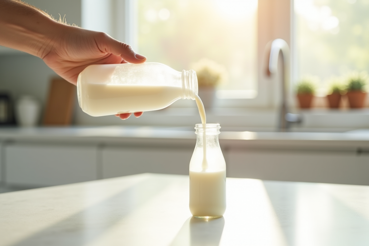 Main versant du lait dans un biberon sur plan de travail lumineux