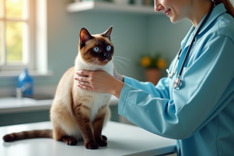 Vétérinaire examinant un chat Siamese mix en clinique